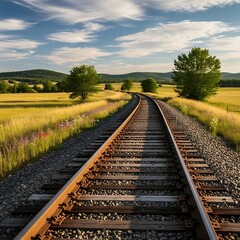 Obraz premium A tranquil country landscape showcases a curving railway track extending into the distance under a vibrant sky.