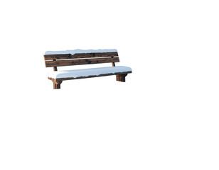 A solitary wooden park bench covered in a layer of fresh snow.