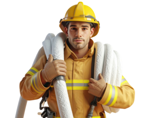 Portrait of a young handsome firefighter in full uniform holding a fire hose.