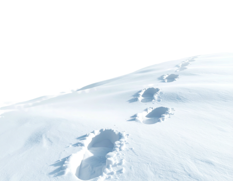 A solitary trail of human footprints in the snow.