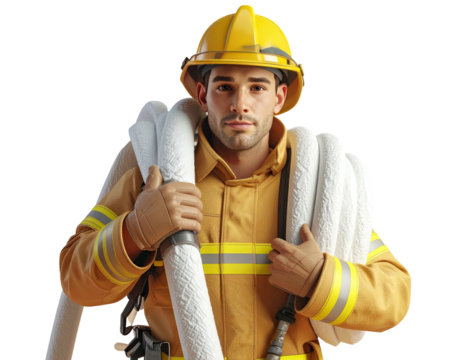 Portrait of a young handsome firefighter in full uniform holding a fire hose. - Powered by Adobe