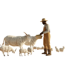 A shepherd wearing a hat lovingly tends to his flock of sheep on a white background.