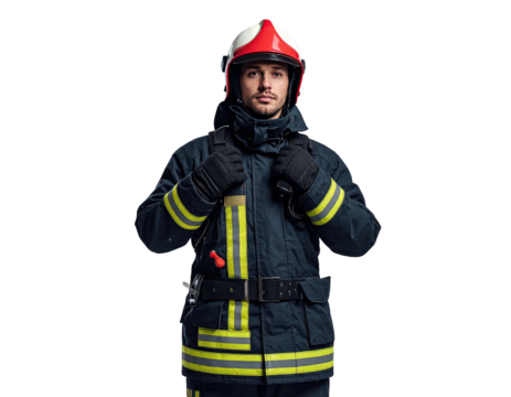 Professional male firefighter in full protective gear and helmet.