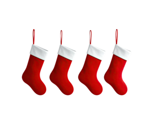 Four red and white Christmas stockings hanging in a row.