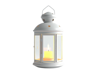 White vintage style lantern with a glowing candle inside.