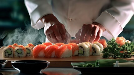 Sushi chef preparing fresh sushi rolls with steam in restaurant kitchen