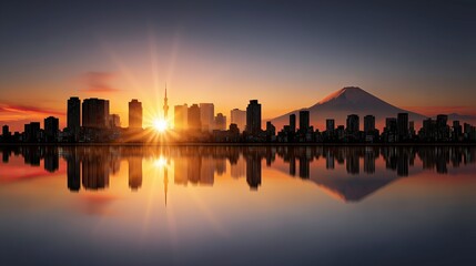 Fototapeta premium Tokyo skyline at sunrise with Mount Fuji reflecting in water 