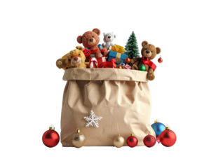 A festive brown paper bag overflowing with Christmas toys and teddy bears.