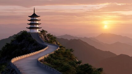Pagoda on a mountain trail at sunset with distant hills and clouds  
