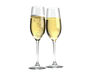 Two elegant champagne flutes filled with bubbly sparkling wine.