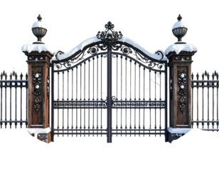 Ornate black wrought iron gate with decorative pillars covered in snow.