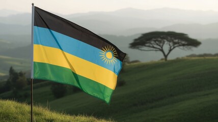 Waving Rwanda flag against a serene landscape with rolling green hills and distant mountains, a symbol of patriotism and national pride