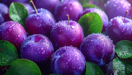 Freshly picked ripe purple plums with water droplets and green leaves, close-up.