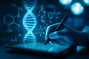 Medical researcher hand using digital tablet with glowing holograms of DNA strands molecules and futuristic biotechnology research