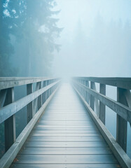 wooden bridge in fog