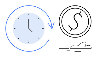 Clock with arrow symbolizing time, dollar sign in a circle, and minimal line cloud. Ideal for time management, financial planning, cost efficiency, productivity, saving money, budgeting simple flat