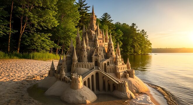 Majestic sandcastle castle stands tall on a beach at sunset, overlooking a tranquil lake, surrounded by lush green trees.