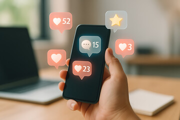 Mobile phone with floating social media notifications illustrating communication popularity engagement and digital community