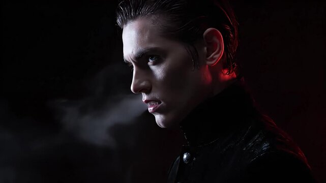 Mysterious young man with fangs and dark clothes preparing a magic potion with smoke and red light, showing his sinister expression in a dark environment during a halloween themed performance