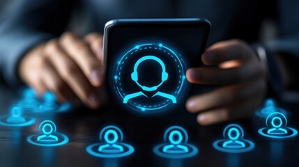 Customer care concept: Person using smartphone with virtual customer care icon for customer support and telemarketing service.