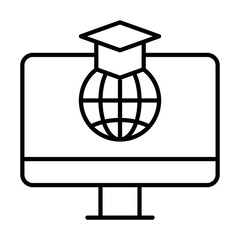 Computer with Graduation Cap and Globe Icon Vector. Online Global Graduation logo
