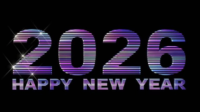 Happy new year 2026 text with shimmering lights and a vibrant, retro futuristic style on a black background. Festive animation perfect for holiday celebrations, greetings, and event promotions