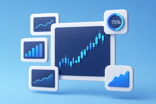 Modern 3D data visualization concept with candlestick trading chart statistics and performance indicators representing investment growth