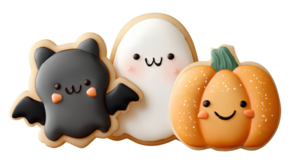 3 cute halloween cookies bat, ghost, and pumpkin on a transparent background