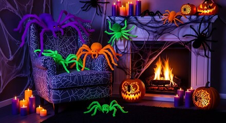 Eerie Halloween Night Spiders, Jack-o'-lantern, Fireplace and Candlelit Setting