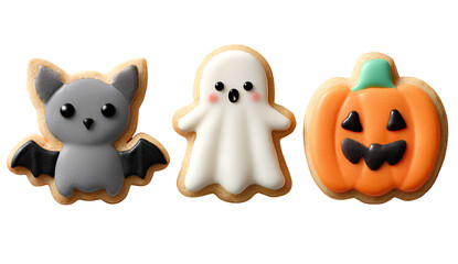 Obraz premium 3 cute halloween cookies bat, ghost, and pumpkin on a transparent background