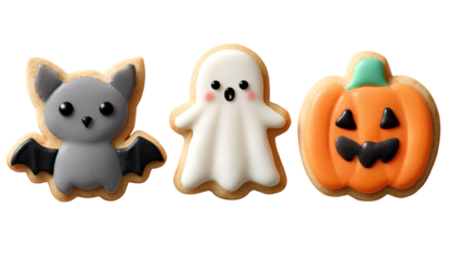 3 cute halloween cookies bat, ghost, and pumpkin on a transparent background