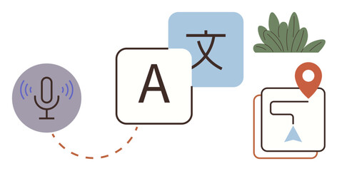 Voice microphone connecting visually to language translation elements, map navigation icon, and plant. Ideal for translation, travel, technology, AI, minimalism, communication global interaction