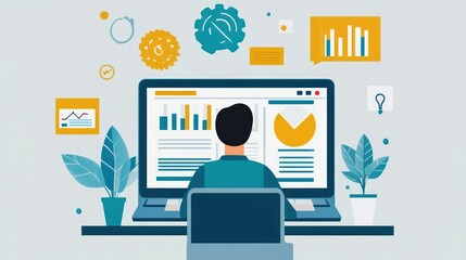 Customer engagement concept: Targeting customers, understanding buyer personas, and analyzing customer behavior. Person using laptop with customer engagement icon on virtual screen.