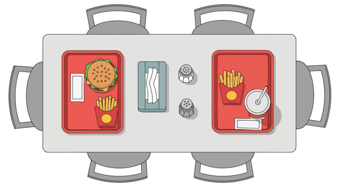 Top-down illustration of a fast-food restaurant table with burgers fries and drinks on red trays.