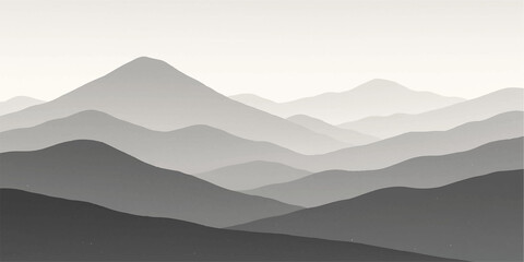 Naklejka premium Mountain landscape with misty blue peaks at sunrise, showcasing a vast nature view with clouds and fog in the valley