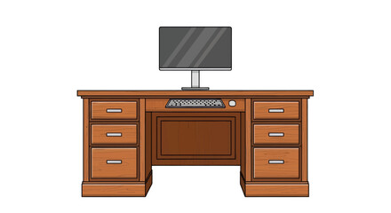 Elegant Wooden Desk with Computer Monitor and Drawers.