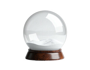 Empty glass snow globe with a dark wooden base isolated on a white background.