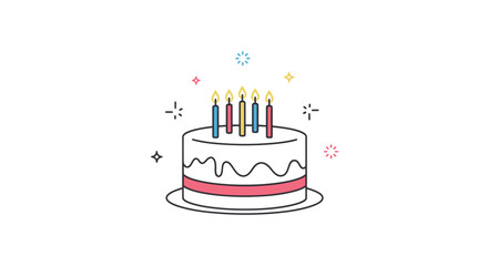 Festive Birthday Cake with Lit Candles and Decorations.