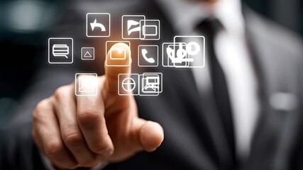 Male finger pressing and scrolling through a digital menu with various application icons on a futuristic holographic interface, demonstrating modern business technology and communication concepts - Powered by Adobe