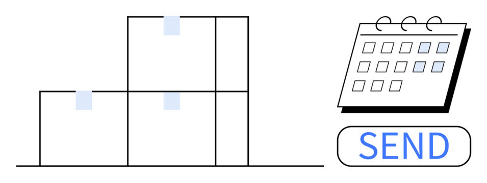 Stacked packages with labels, supporting a delivery date marked by a calendar and a send button click. Ideal for logistics, e-commerce, scheduling, shipping, organization, warehouse operations