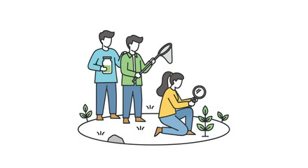 Group of People Exploring Nature with Magnifying Glass and Net.