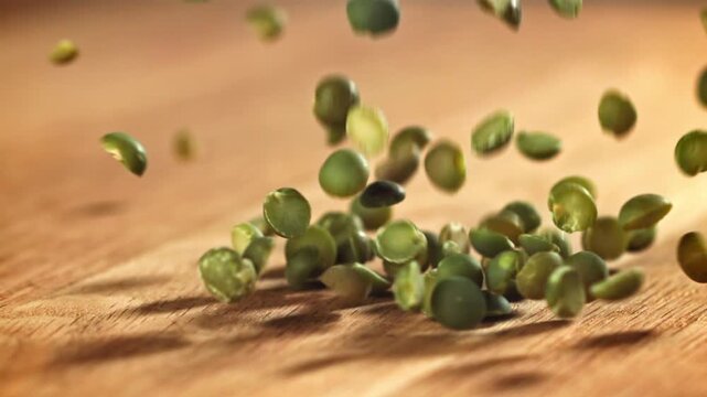 Green peas fall on the table. Filmed on a high-speed camera at 1000 fps. High quality FullHD footage
