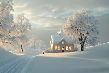 Snow-covered house nestled in a winter landscape with frosty trees and a gently smoking chimney, creating a serene and peaceful scene