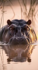 Fototapeta premium A serene close-up of a hippo partially submerged in water, showcasing its features against a tranquil backdrop of reeds and soft lighting.