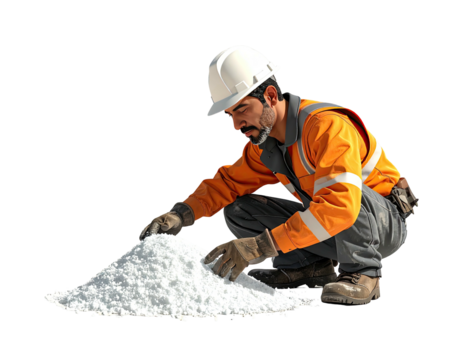 Industrial worker in safety gear crouching to inspect a pile of white material.