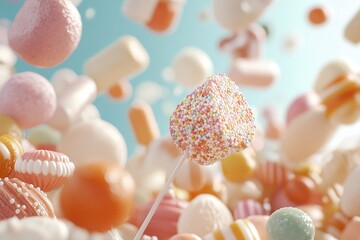 Colorful candies and sweets filling the scene with a lollipop decorated with sprinkles in a playful display of treats
