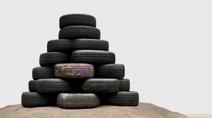 A pile of tires stacked on top of each other. The tires are of different sizes and colors. Concept of waste and environmental impact, as the tires are discarded and piled up