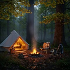 A cozy camping scene in a misty forest, featuring a canvas tent and crackling campfire.