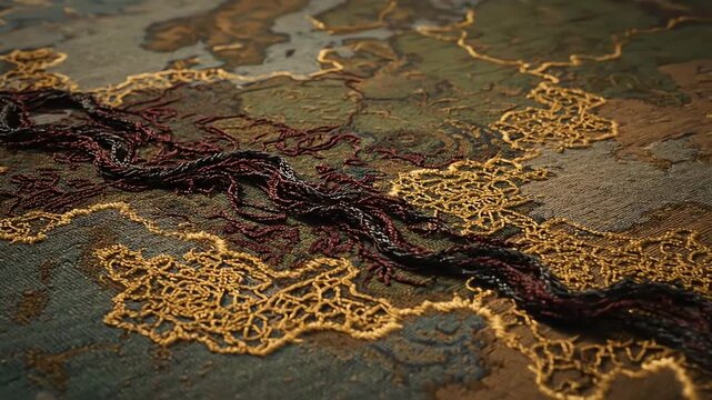 Detailed Embroidered Map Artistic Representation of Geography with Texture and Thread