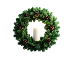 Green Christmas advent wreath with pinecones and a single white candle.